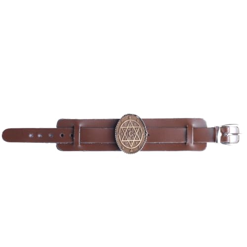KAMBO Genuine Leather Cuff Bracelet for Men, Star of David Medallion in 925 Sterling Silver Frame, Handmade Wide Wristba