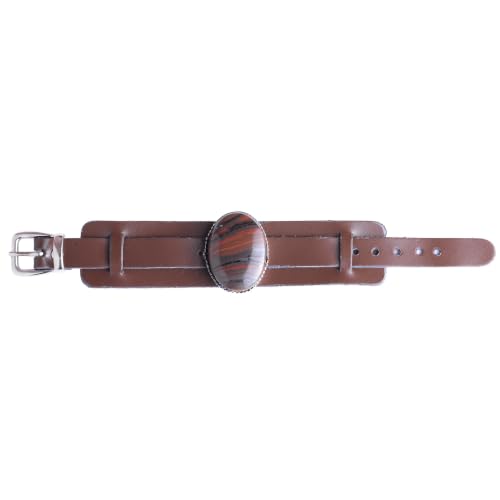 KAMBO Genuine Leather Cuff Bracelet for Men, Blood Stone Natural Gem in 925 Sterling Silver Frame, Handmade Wide Wristba