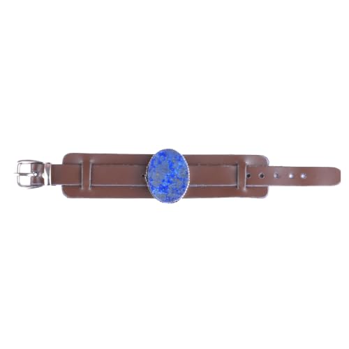 KAMBO Natural Lapis Lazuli Genuine Leather Cuff Bracelet for Men, Stone in 925 Sterling Silver Frame, Handmade Wide Wris