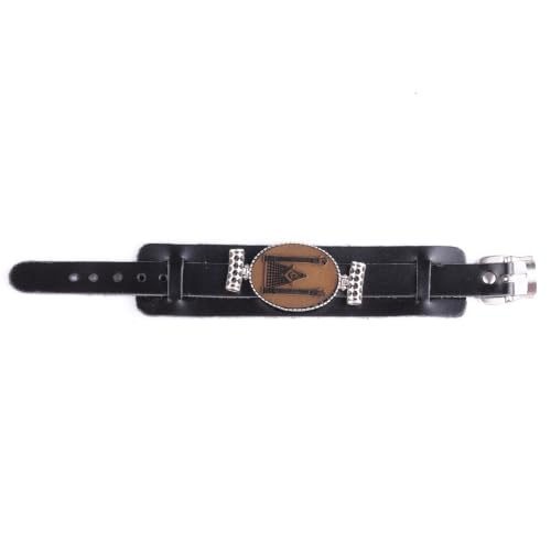 KAMBO Genuine Leather Cuff Bracelet for Men, Masonic Emblem Medallion in 925 Sterling Silver Frame, Handmade Wide Wristb