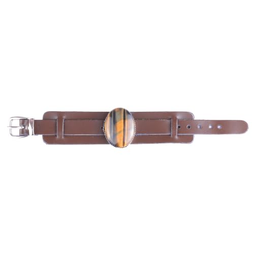 KAMBO Natural Tiger Eye Genuine Leather Cuff Bracelet for Men, Stone in 925 Sterling Silver Frame, Handmade Wide Wristba
