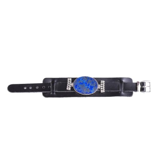 KAMBO Natural Lapis Lazuli Genuine Leather Cuff Bracelet for Men, Stone in 925 Sterling Silver Frame, Handmade Wide Wris