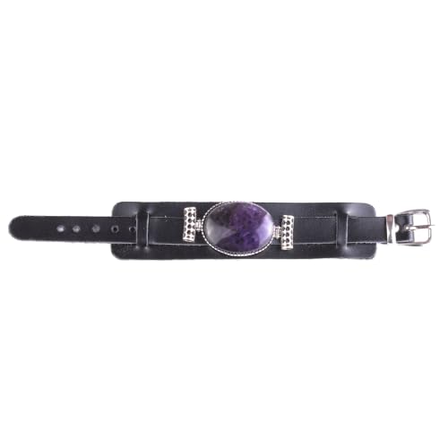 KAMBO Genuine Leather Cuff Bracelet for Men, Amethyst Natural Stone in 925 Sterling Silver Frame, Handmade Wide Leather 