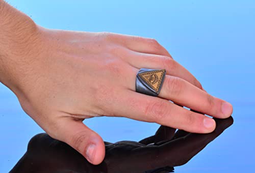 Handcrafted 925 Sterling Silver Men's Ring with Gold-Plated Triangle Eye Symbol