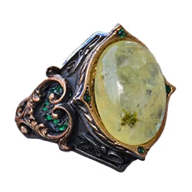 925 Sterling Silver Men's Ring with Natural Prehnite Stone, Ottoman Style Ring, Green Prehnite Stone