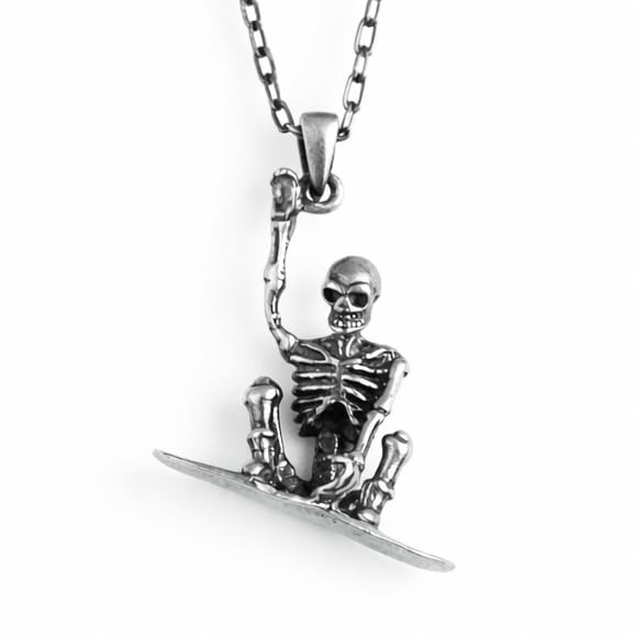 KAMBO 925 Sterling Silver Skeleton Necklace – Snowboard Necklace – Gothic Skull Jewelry – Handmade Extreme Sports Necklace – Unique Gift for Her