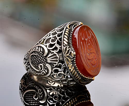 KAMBO Natural Agate Gemstone Ring Handmade 925 Sterling Silver Men's Islamic Arabic Vintage Statement Ring Elegant Gift 