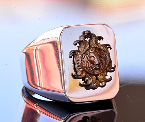 KAMBO Sterling Silver Signet Ring for Men, Handmade 925 Sterling Silver Lion Animal Motif, Vintage Statement Ring