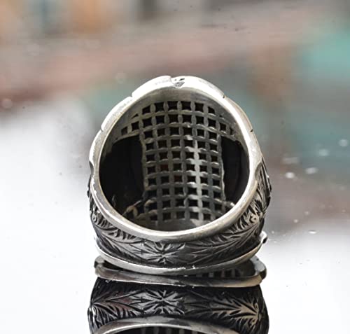 KAMBO Handcrafted Men's Ring with Genuine Blue Sapphire - 925 Sterling Silver, Intricate Ottoman Sign Design, Middle Eas