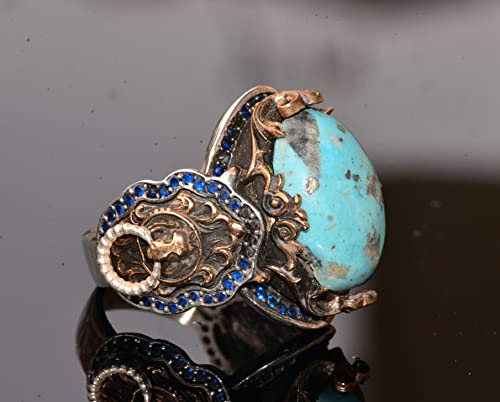 KAMBO Handmade 925 Sterling Silver Men's Ring with Genuine Natural Arizona Turquoise Gemstone Lion Design Vintage Statem