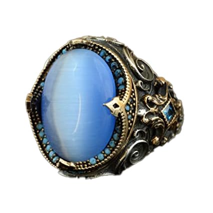Handcrafted Artificial Stone Ring - 925 Sterling Silver Men's Jewelry (Blue Cat Eye)