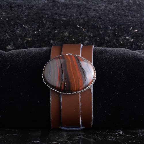 KAMBO Genuine Leather Cuff Bracelet for Men, Blood Stone Natural Gem in 925 Sterling Silver Frame, Handmade Wide Wristba