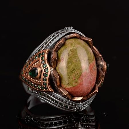 Unakite Natural Stone Ring, Silver Men's Ring — 6