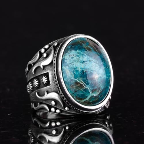KAMBO Handmade 925 Sterling Silver Men's Chrysocolla Gemstone Ring, Minimalist Vintage Design, Solid Silver Statement Ba