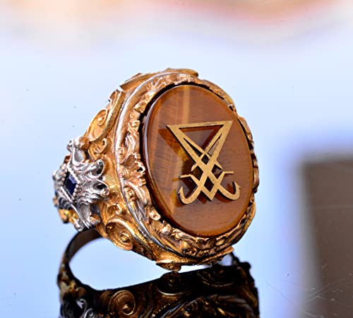 KAMBO Handmade 925 Sterling Silver Men's Signet Ring with Tiger Eye Stone, Satanic Sigil of Lucifer Gothic Occult Design