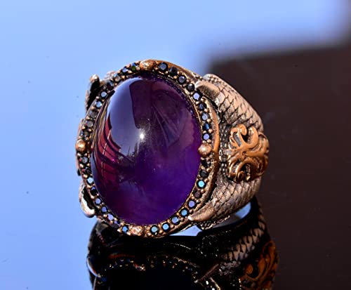 KAMBO Handmade Sterling Silver Men's Amethyst Ring 925 Vintage Eagle Claw Gemstone Statement Band Jewelry