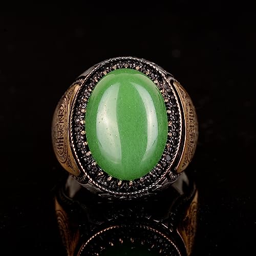 KAMBO Handmade 925 Sterling Silver Men's Ring with Natural Green Jade Gemstone, Islamic Vintage Design, Statement Jewelr