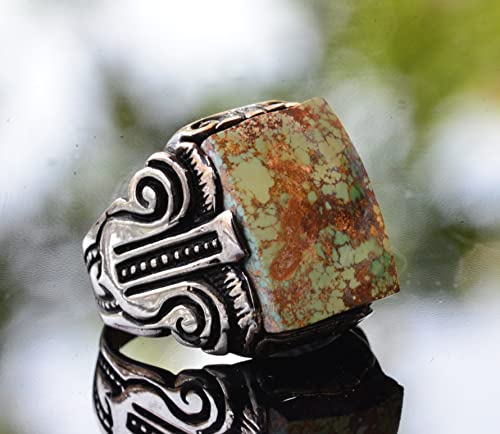 KAMBO Handmade 925 Sterling Silver Men's Ring with Natural Green Turquoise Gemstone, Vintage Statement Jewelry, Bold Des