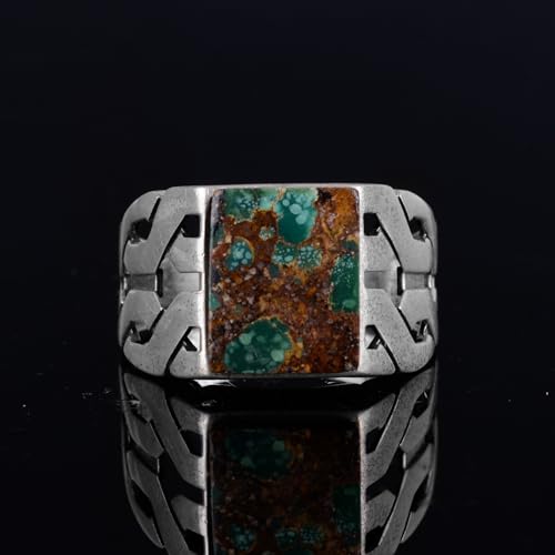 KAMBO Handmade Natural Turquoise-2 Rectangular Men’s Ring in 925 Sterling Silver – Gothic Geometric Vintage Statement De