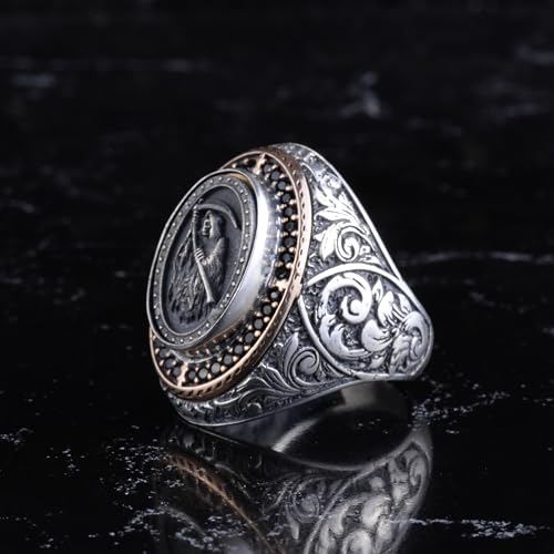 KAMBO Handmade 925 Sterling Silver Grim Reaper Motif Statement Ring for Men, Vintage Byzantine Engraved Religious Design