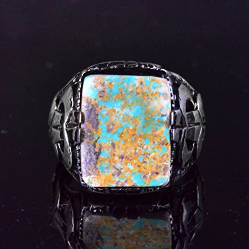 KAMBO Handmade 925 Sterling Silver Men's Ring with Genuine Natural Turquoise Rectangular Stone, Vintage Gemstone Stateme
