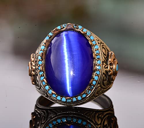 KAMBO Handmade 925 Sterling Silver Unisex King Ring with Blue Cats Eye Stone, Vintage Art Deco Design, Statement Jewelry