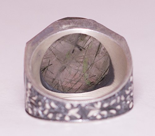 KAMBO Handmade 925 Sterling Silver Ring with Natural Quartz Rutilated Gemstone, Double Headed Eagle Design, Vintage Stat