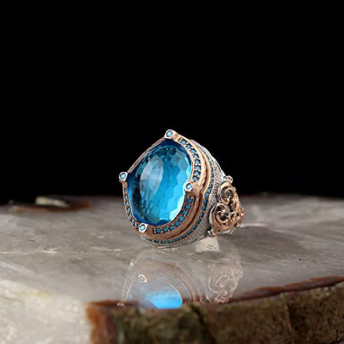 KAMBO Handcrafted 925 Sterling Silver Men's Ring with Blue Topaz Stone, Vintage Rodaj Plated Minimalist Design, Unique H