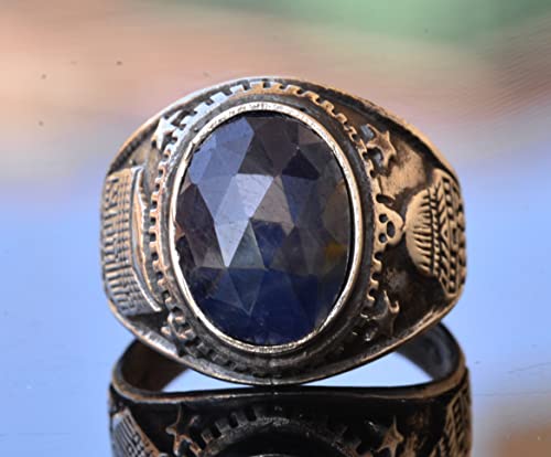 KAMBO Handmade 925 Sterling Silver Men's Ring with Genuine Natural Sapphire Gemstone, Minimalist Islamic Mosque Design, 