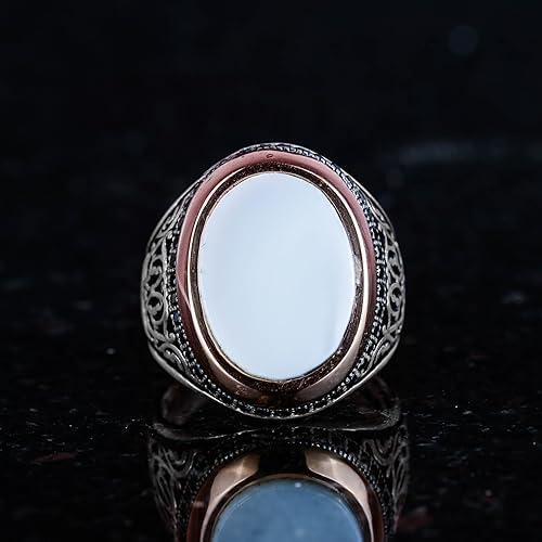 KAMBO Mother of Pearl Ring, Natural Pearl Stone Silver, 925 Sterling Silver Men's (Personalization) — 4
