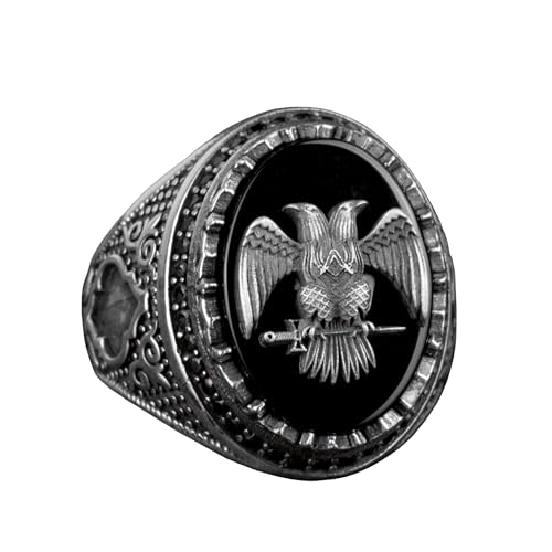 KAMBO Handmade 925 Sterling Silver Men's Ring with Obsidian Stone and Double Headed Eagle Emblem - Vintage Byzantium Sty