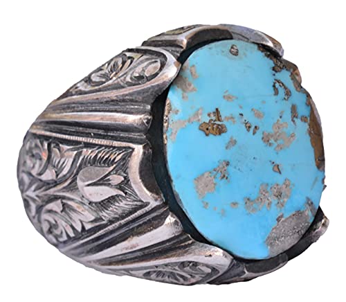 KAMBO Handmade Vintage Men's Ring with Real Natural Arizona Turquoise Stone in 925 Sterling Silver - Statement Style-3 D
