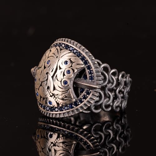 KAMBO Handmade 925 Sterling Silver Men's Ring with Created Zircon Gemstone, Vintage Shield and Sword Knight Design, Stat