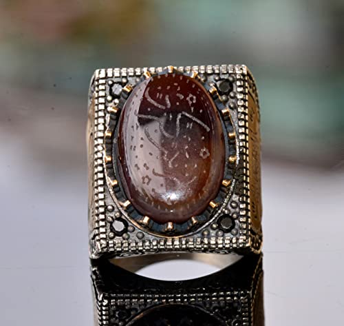 KAMBO Natural Agate Gemstone Ring for Men, Handmade 925 Sterling Silver Islamic Arabic Art Deco Design, Vintage Statemen