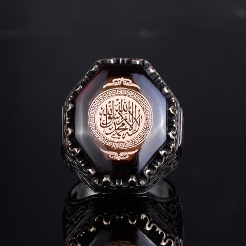 KAMBO Big Created Amber Stone Ring for Men – 925 Sterling Silver Islamic Ring with Shahada Inscription & Ottoman Tughra 