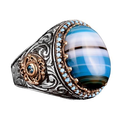 Natural Blue Agate Stone Ring, 925 Sterling Silver Ring, Men's Ring