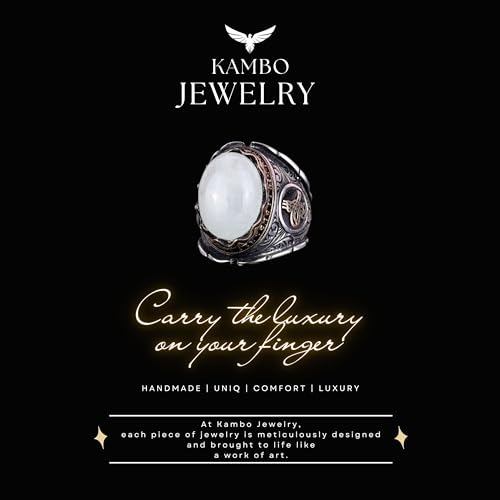 KAMBO Natural Cabochon Aquamarine Gemstone Ring, Ottoman Empire Tugra Silver Design, Serene 925K Solid Sterling Silver M