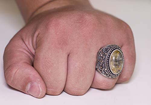 KAMBO Handmade 925 Sterling Silver Men's Ring with Natural Rutilated Quartz Gemstone - Unique Vintage Statement Jewelry 