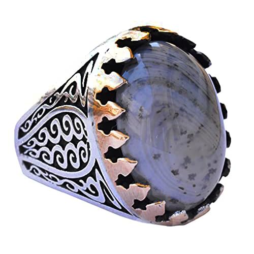 925 Sterling Silver Men's Ring - Natural Beige Wood Stone Vintage Design