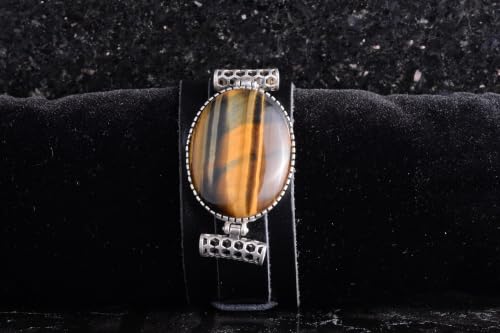 KAMBO Natural Tiger Eye Genuine Leather Cuff Bracelet for Men, Stone in 925 Sterling Silver Frame, Handmade Wide Wristba