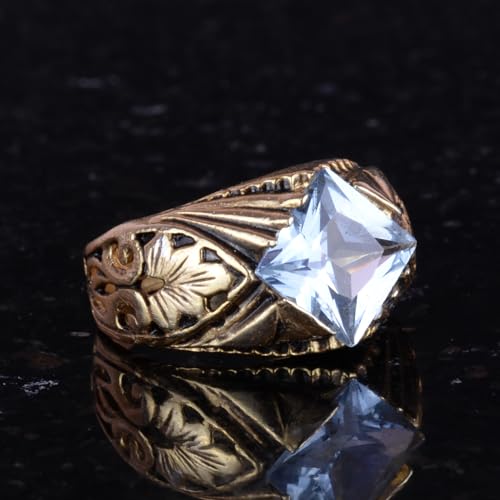 KAMBO Handmade 925 Sterling Silver Ring with Created Aquamarine Stone, Modern Unisex Design, Gold Plated, Elegant Statem