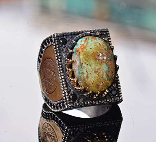 KAMBO Handmade 925 Sterling Silver Men's Ring with Genuine Arizona Turquoise Gemstone 8.70 Carat, Minimalist David of St