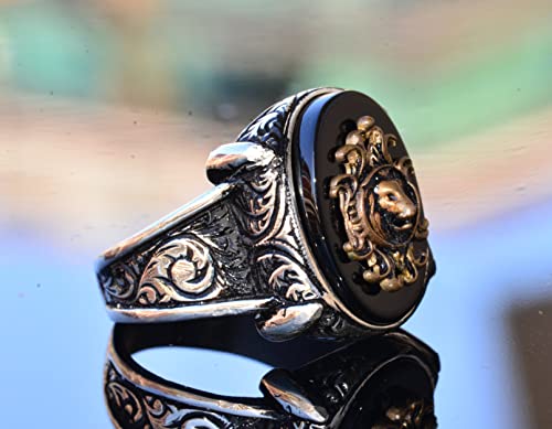 Handcrafted 925 Sterling Silver Men's Ring with Lion Head Symbol and Created Onyx Stone, Unique Bold Design