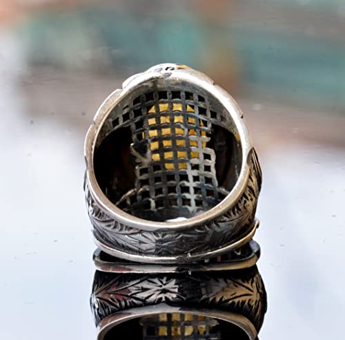 KAMBO Handcrafted Men's Ring with Genuine Yellow Sapphire - Intricate 925 Sterling Silver Ottoman Seal Signet Design - U