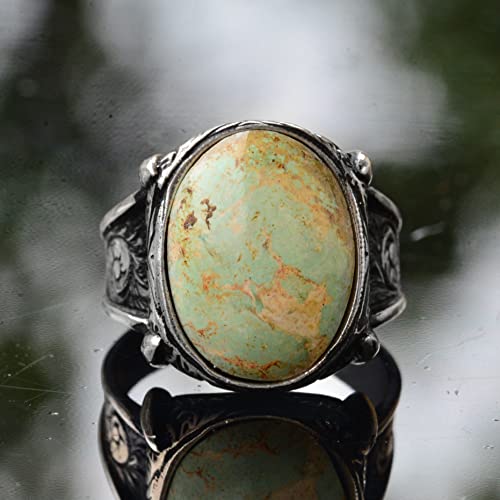 KAMBO Handmade Men's Turquoise Ring in 925 Sterling Silver, Classic Vintage Style-2 Design, Statement Healing Crystal Je