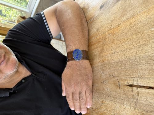 KAMBO Natural Lapis Lazuli Genuine Leather Cuff Bracelet for Men, Stone in 925 Sterling Silver Frame, Handmade Wide Wris