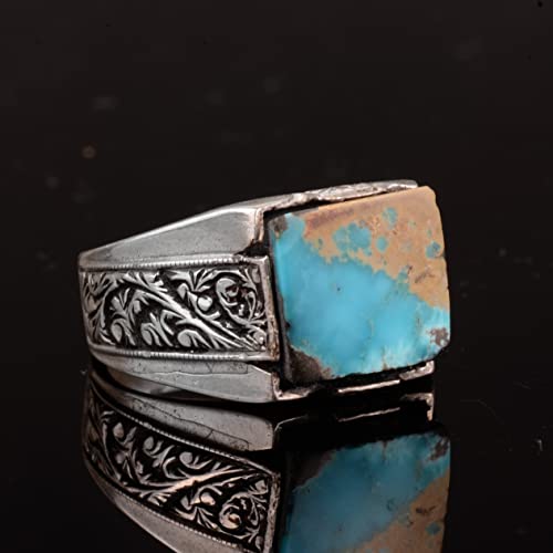 KAMBO Handmade Vintage Men's Ring in 925 Sterling Silver with Genuine Arizona Turquoise Stone, Style-2 Statement Jewelry
