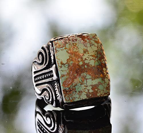 KAMBO Handmade 925 Sterling Silver Men's Ring with Natural Green Turquoise Gemstone, Vintage Statement Jewelry, Bold Des