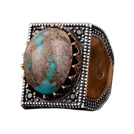 925 Sterling Silver Men's Ring, Square Design with Natural Turquoise Stone, Handmade Silver Ring — 7