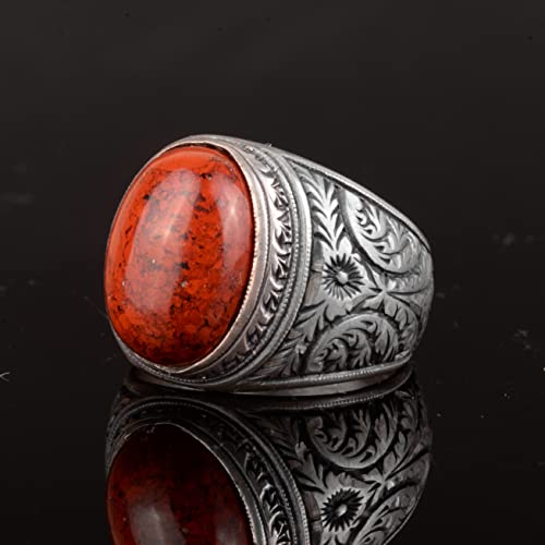 KAMBO Men's Red Natural Bloodstone Ring, Handcrafted Vintage Style in 925 Sterling Silver, Natural Gemstone Healing Crys